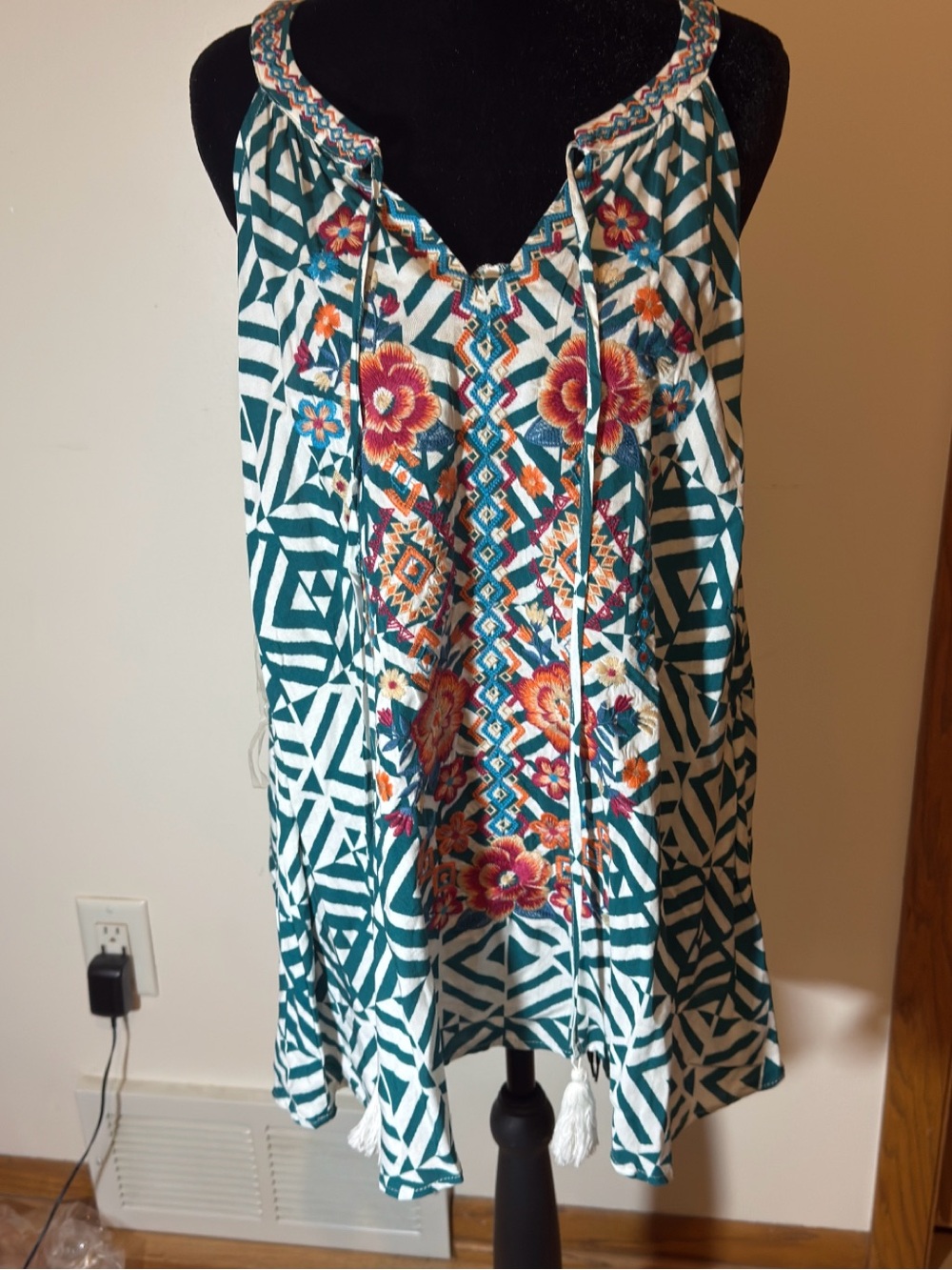 Savanna Jane Teal Geometric Camisole with Orange Floral Embroidery